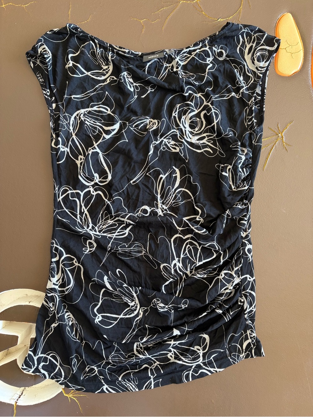Mexx Black Tank Top with White Abstract Floral Lines